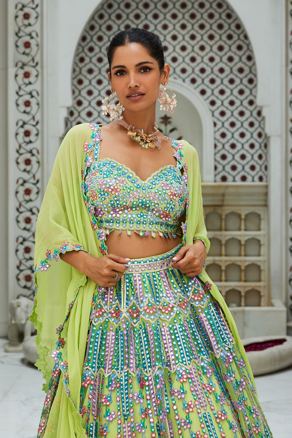 Lime Green Net Lehenga Choli With A Georgette Cape