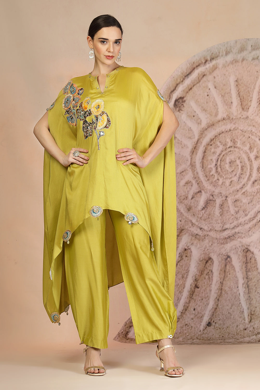Lime Yellow Asymmetric Kurta with Farshi Salwar & Embroidery Detail