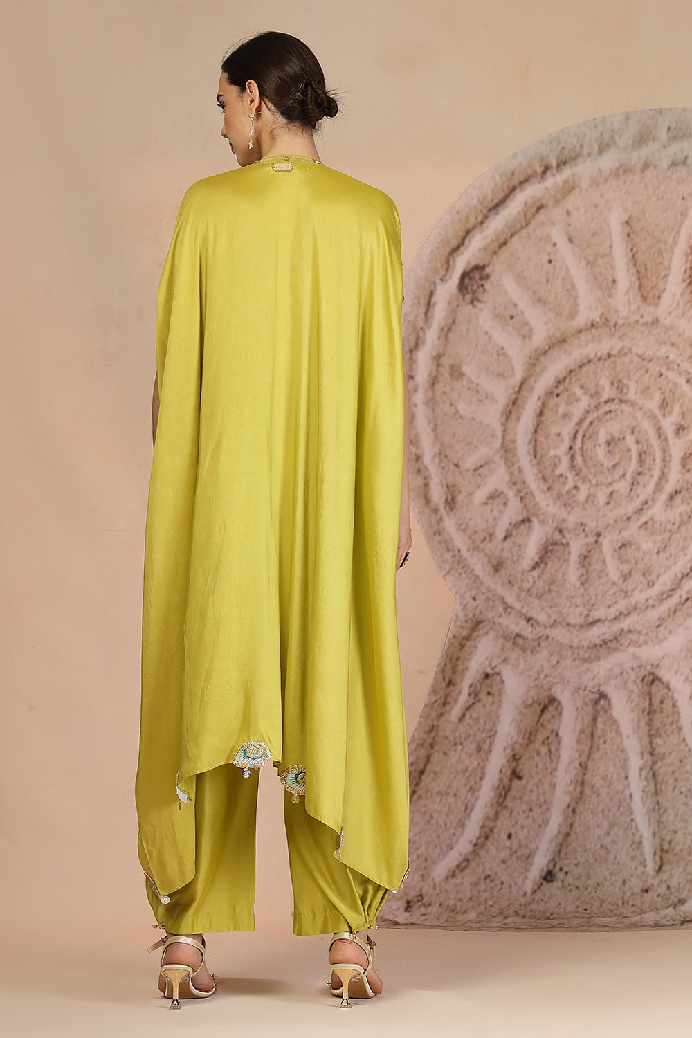 Lime Yellow Asymmetric Kurta with Farshi Salwar & Embroidery Detail