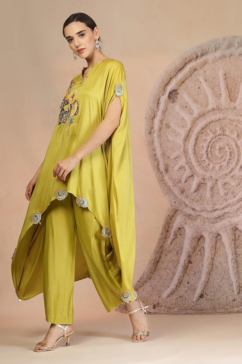 Lime Yellow Asymmetric Kurta with Farshi Salwar & Embroidery Detail