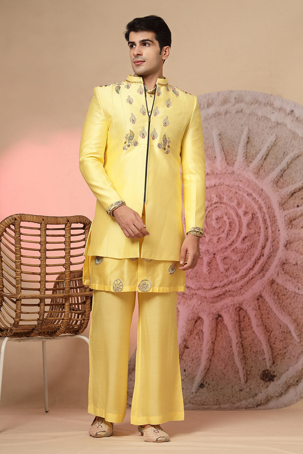 Long Kurta With Embroidery Jacket And Palazzo Pant