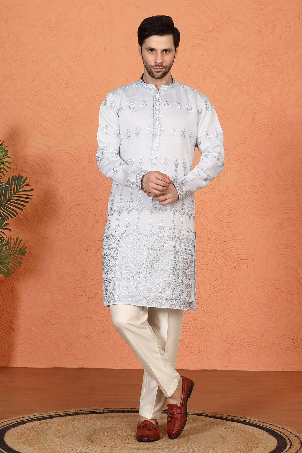 Lucknowi Embroidered Nawaab Saab Kurta with Back Elastic Pants