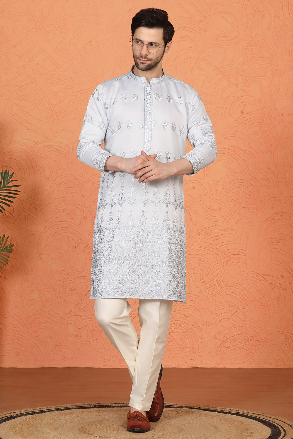 Lucknowi Embroidered Nawaab Saab Kurta with Back Elastic Pants