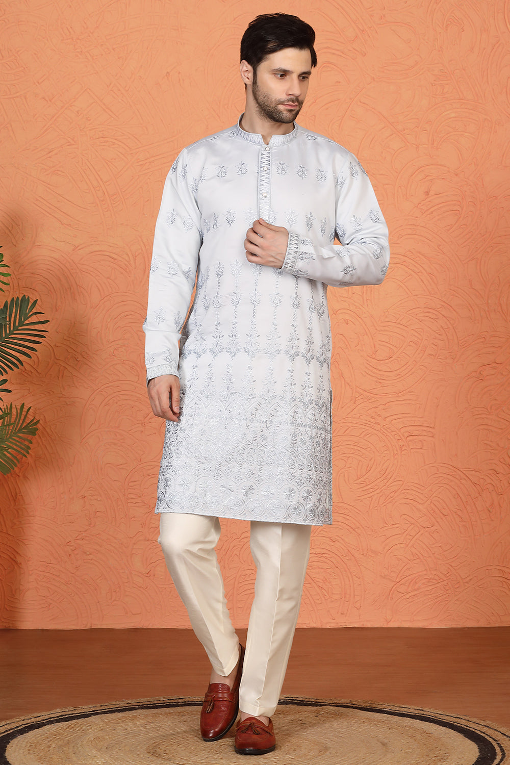 Lucknowi Embroidered Nawaab Saab Kurta with Back Elastic Pants