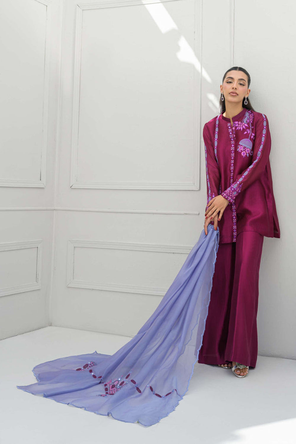 Magenta Silk Embroidered Kurta Palazzo Suit Sets
