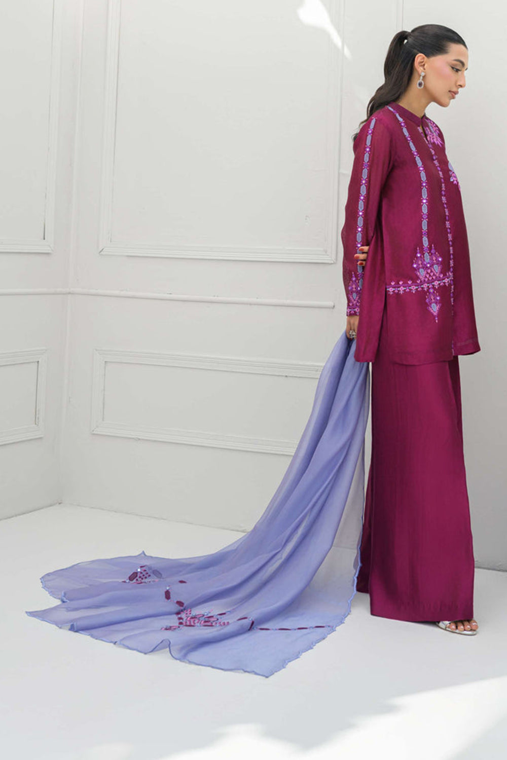 Magenta Silk Embroidered Kurta Palazzo Suit Sets