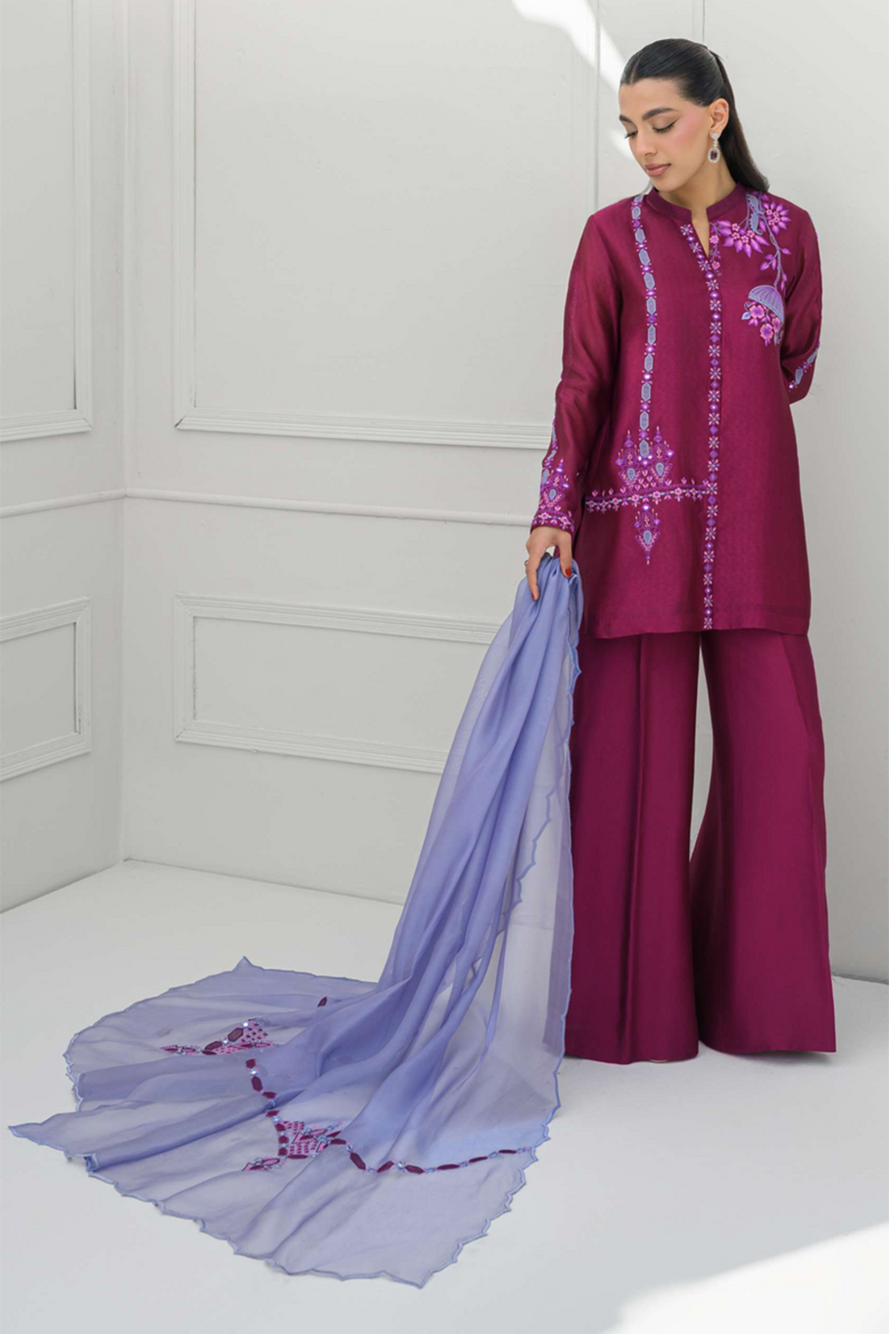 Magenta Silk Embroidered Kurta Palazzo Suit Sets