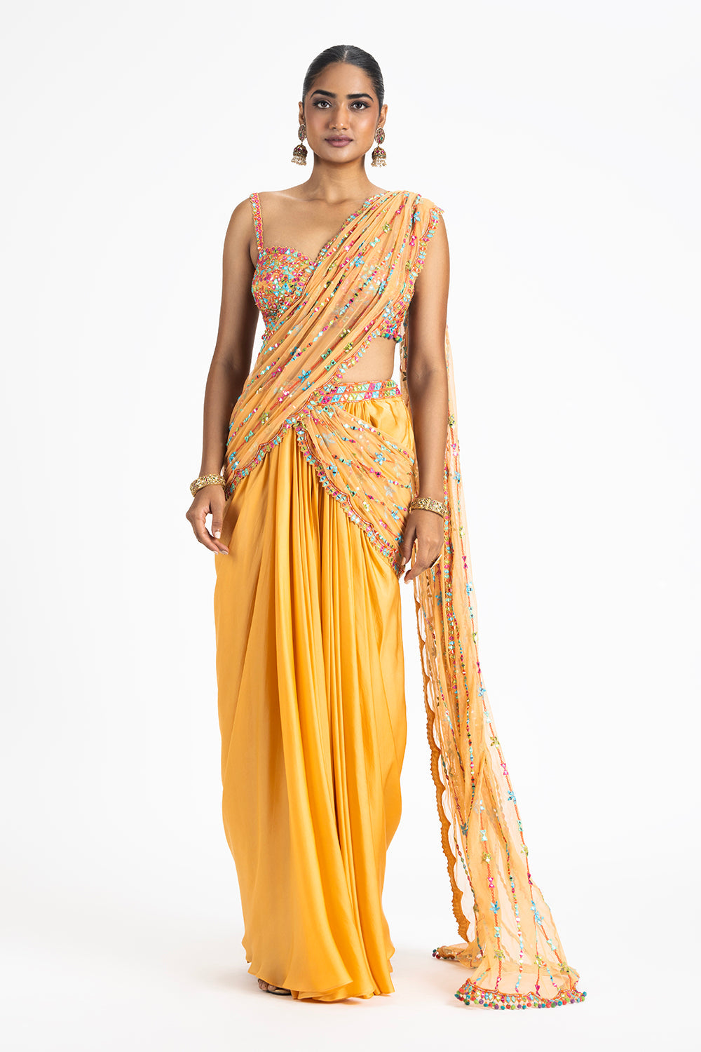 Mango Orange Satin Draped Saree