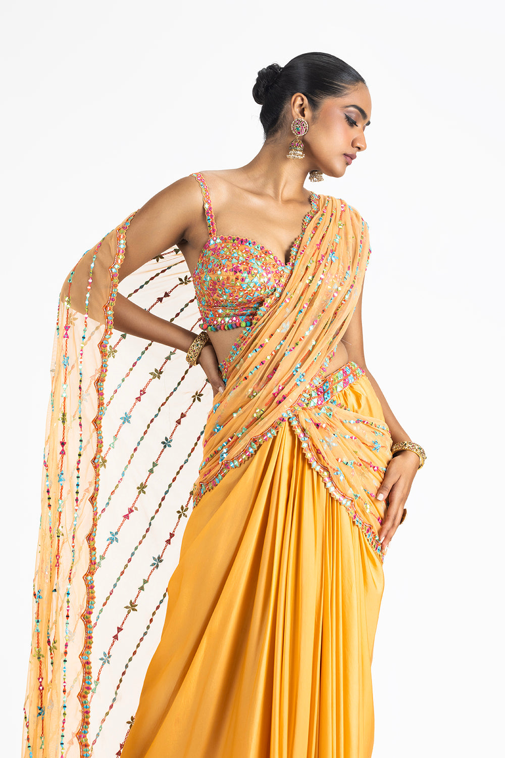 Mango Orange Satin Draped Saree