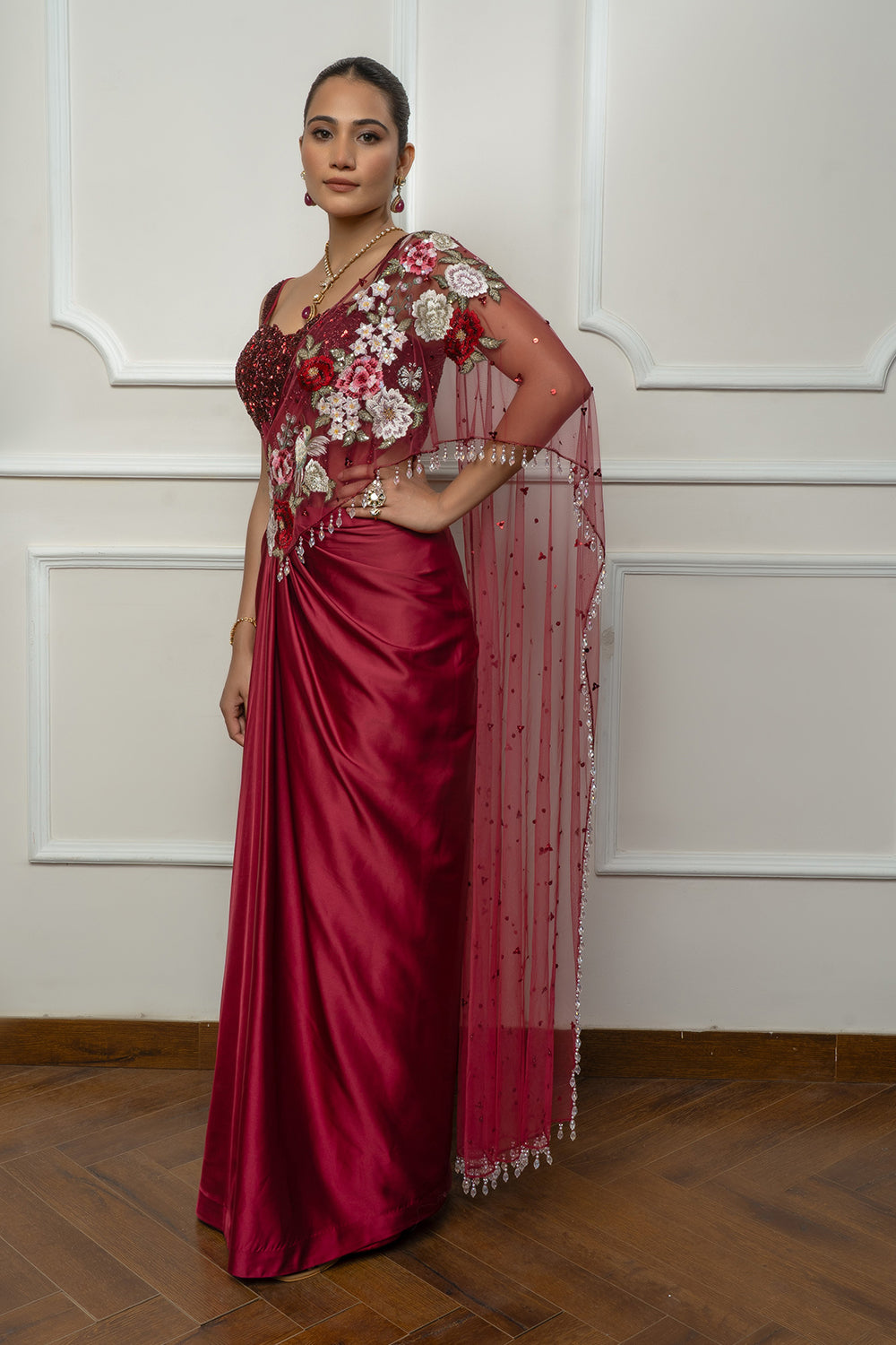 Maroon Drape Saree Set