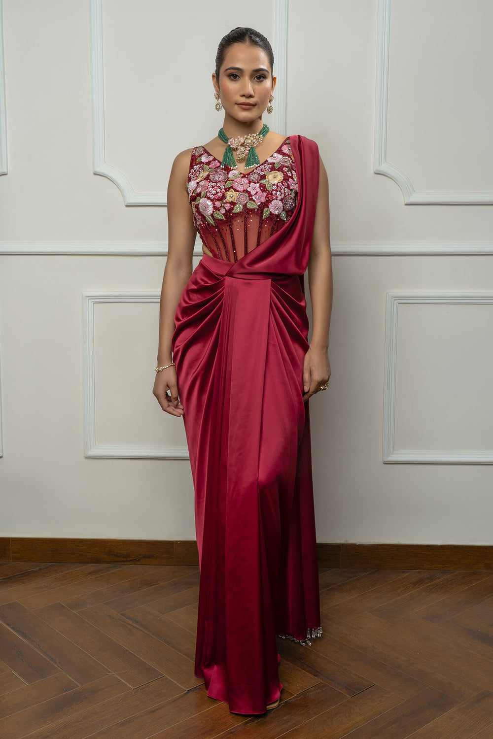 Maroon drape saree set