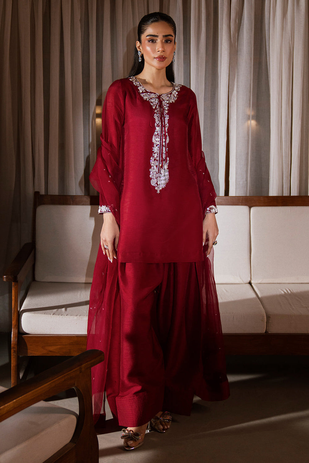 Maroon Embroidered Gajji Silk Farshi Suit Set