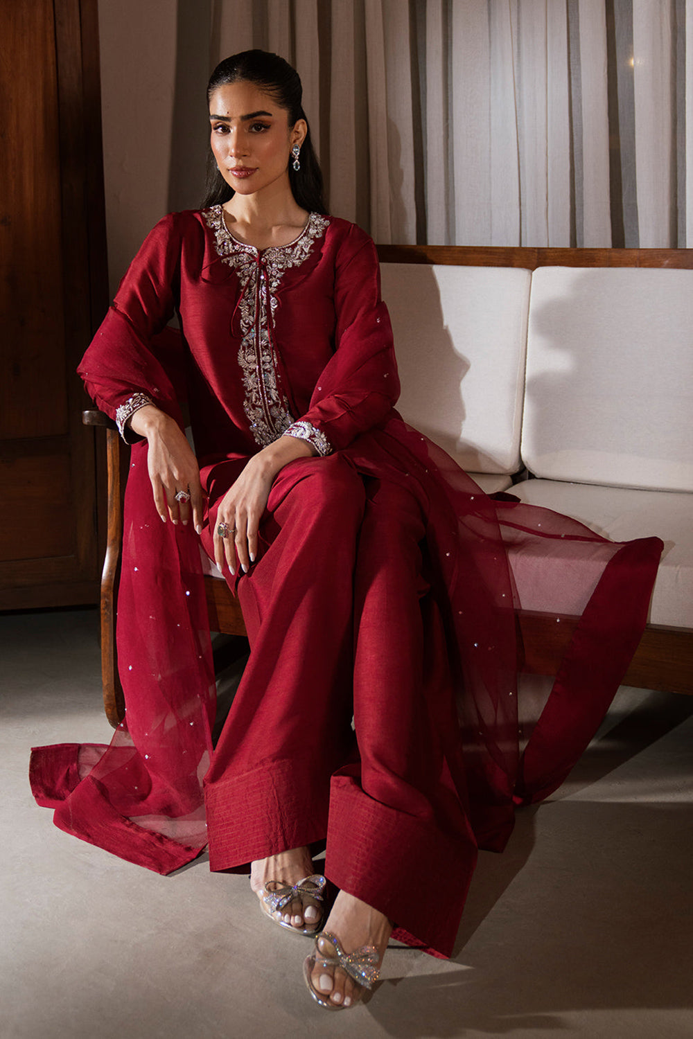 Maroon Embroidered Gajji Silk Farshi Suit Set