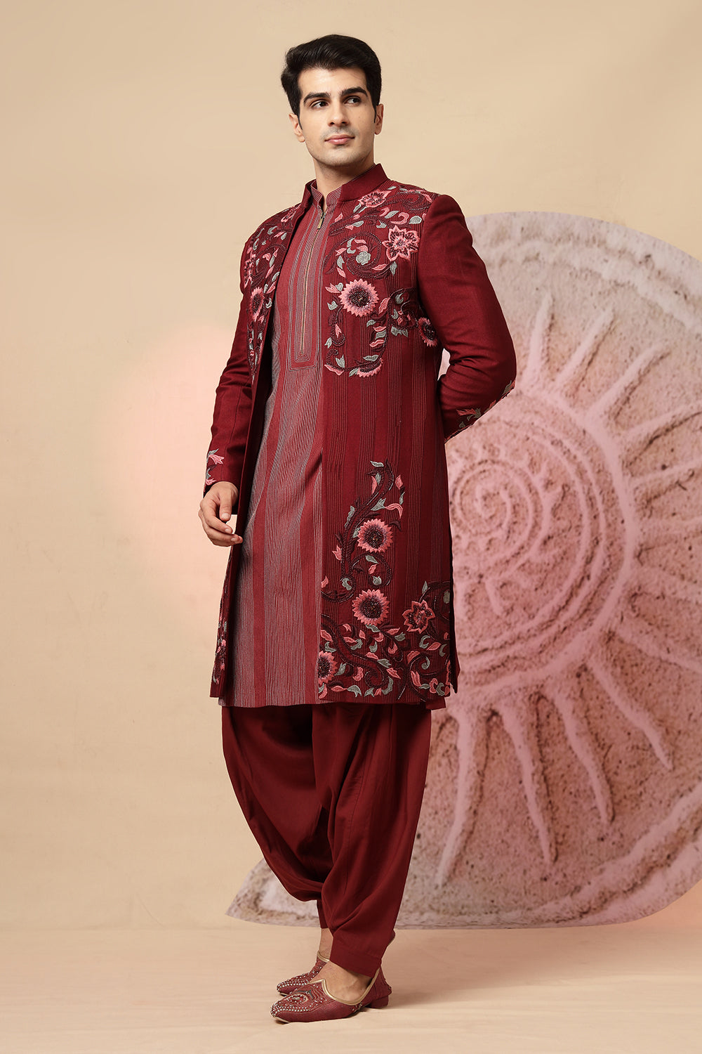 Maroon Embroidered Sherwani With Pathani Salwar
