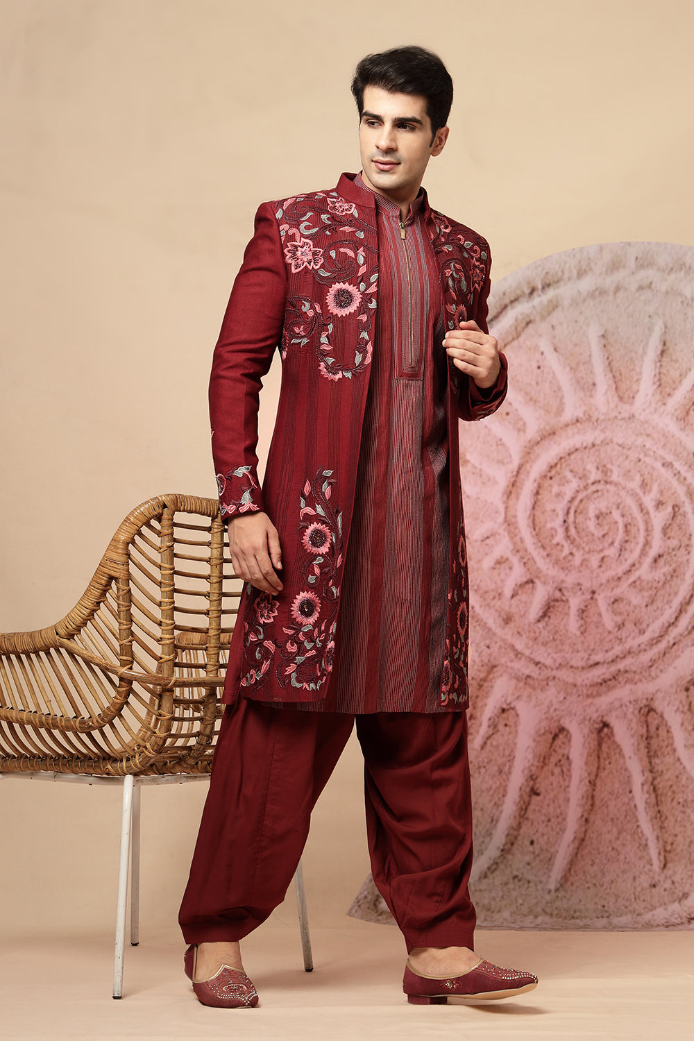Maroon Embroidered Sherwani With Pathani Salwar