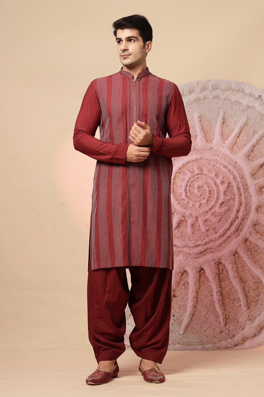 Maroon Embroidered Sherwani With Pathani Salwar