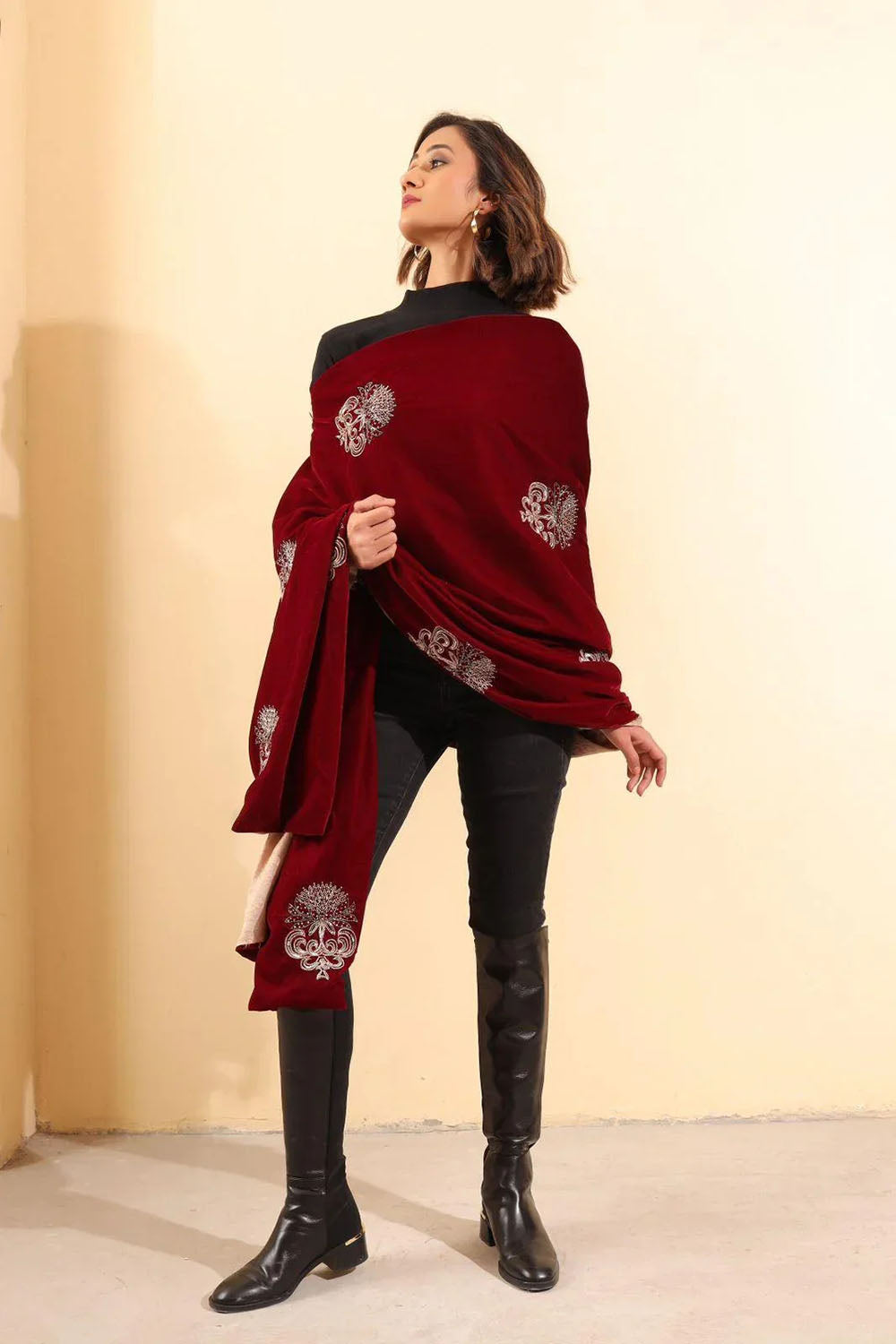 Maroon Velvet Embroidered Stole