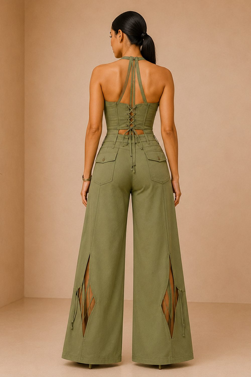 Matcha Green Lace-Up Corset Top & Wide Flare Pants Co-Ord Set
