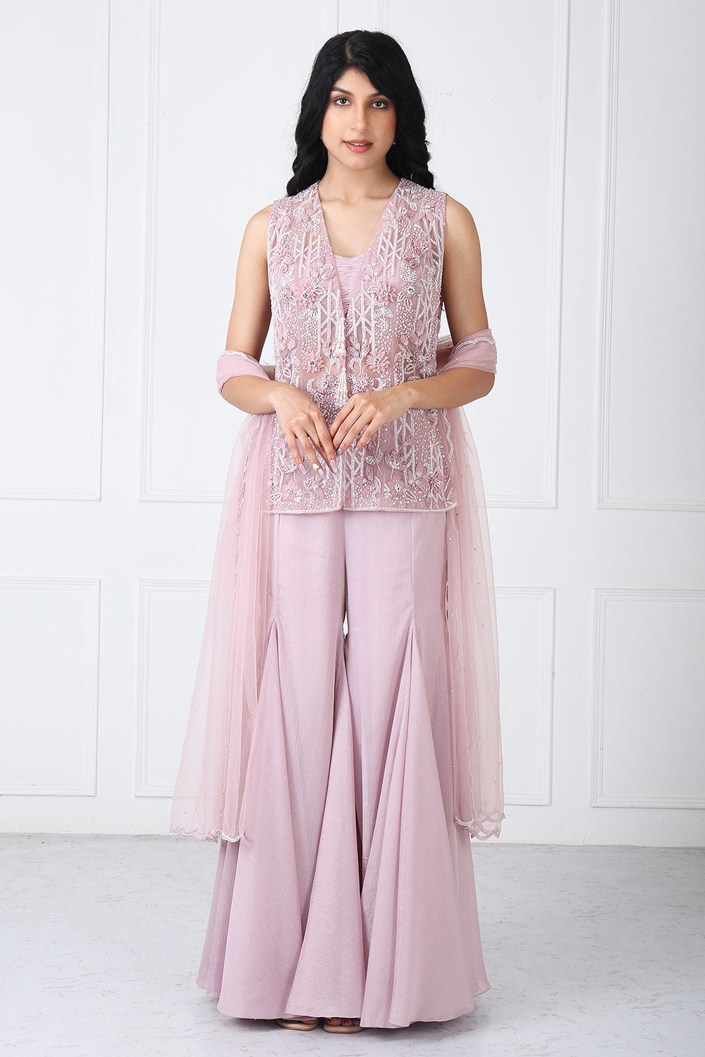 Mauve Embroidered Jacket With Sharara And Dupatta