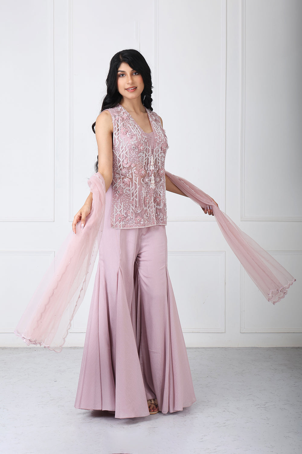 Mauve Embroidered Jacket With Sharara And Dupatta