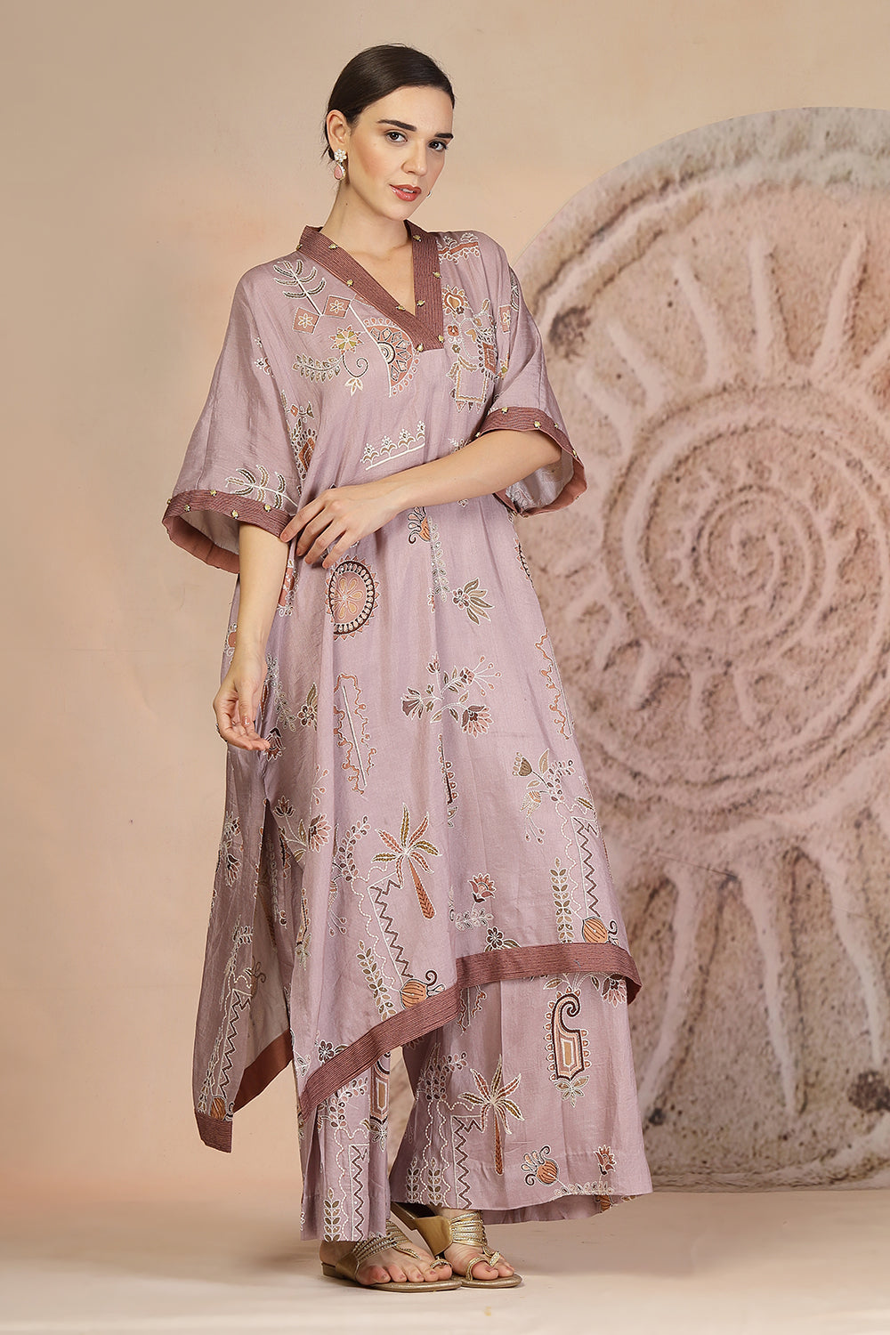 Mauve Slub Cotton Kaftan Kurta Set with Tribal Patchwork & Metallic Detailing