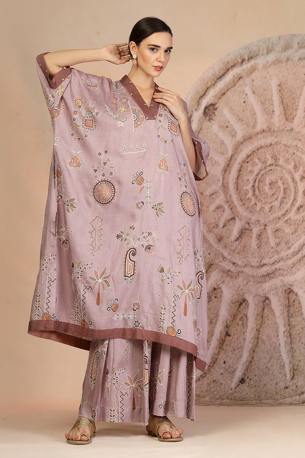 Mauve Slub Cotton Kaftan Kurta Set with Tribal Patchwork & Metallic Detailing