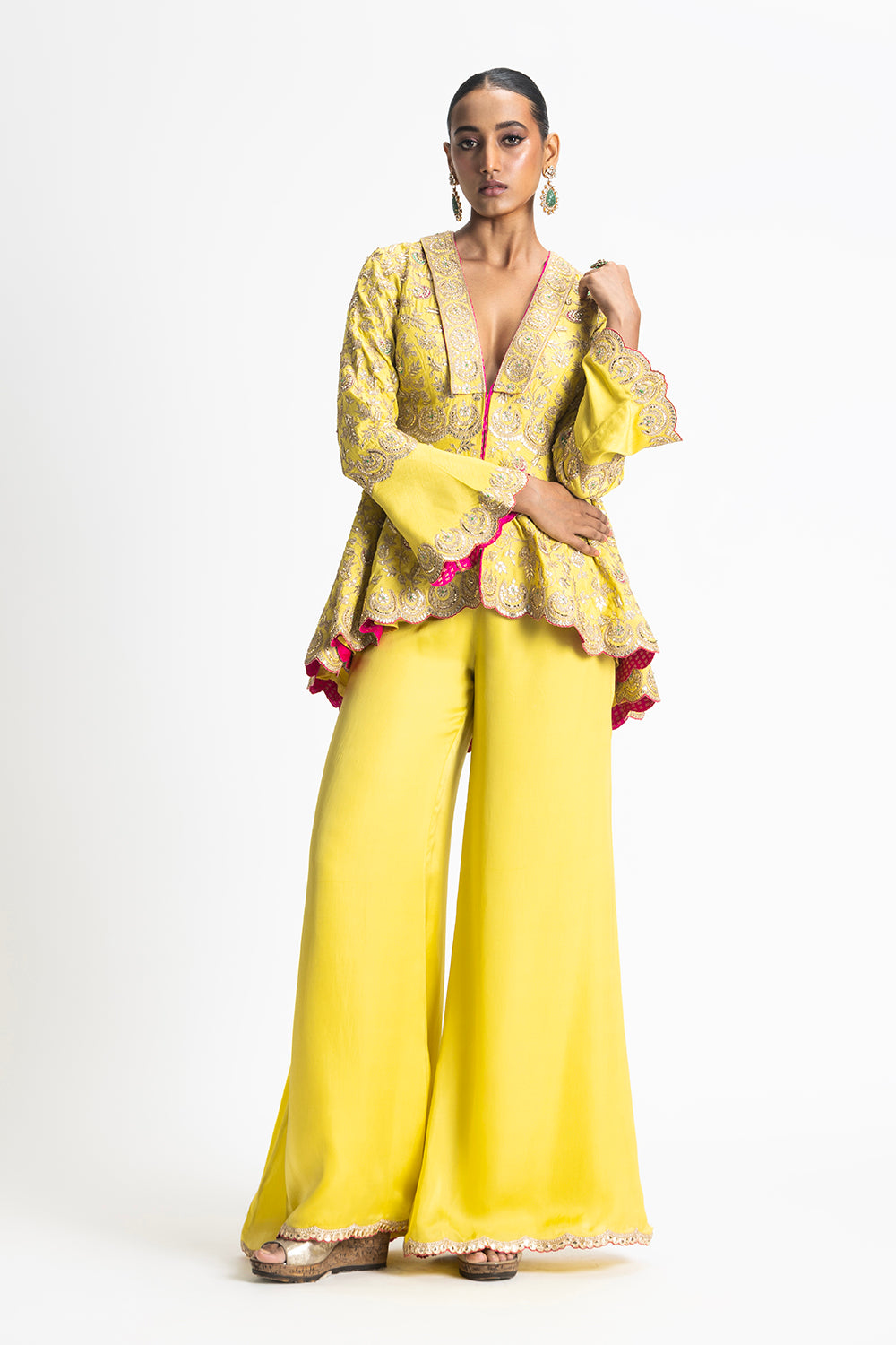 Mehndi Yellow Gota Worked Jacket With Satin Trouser