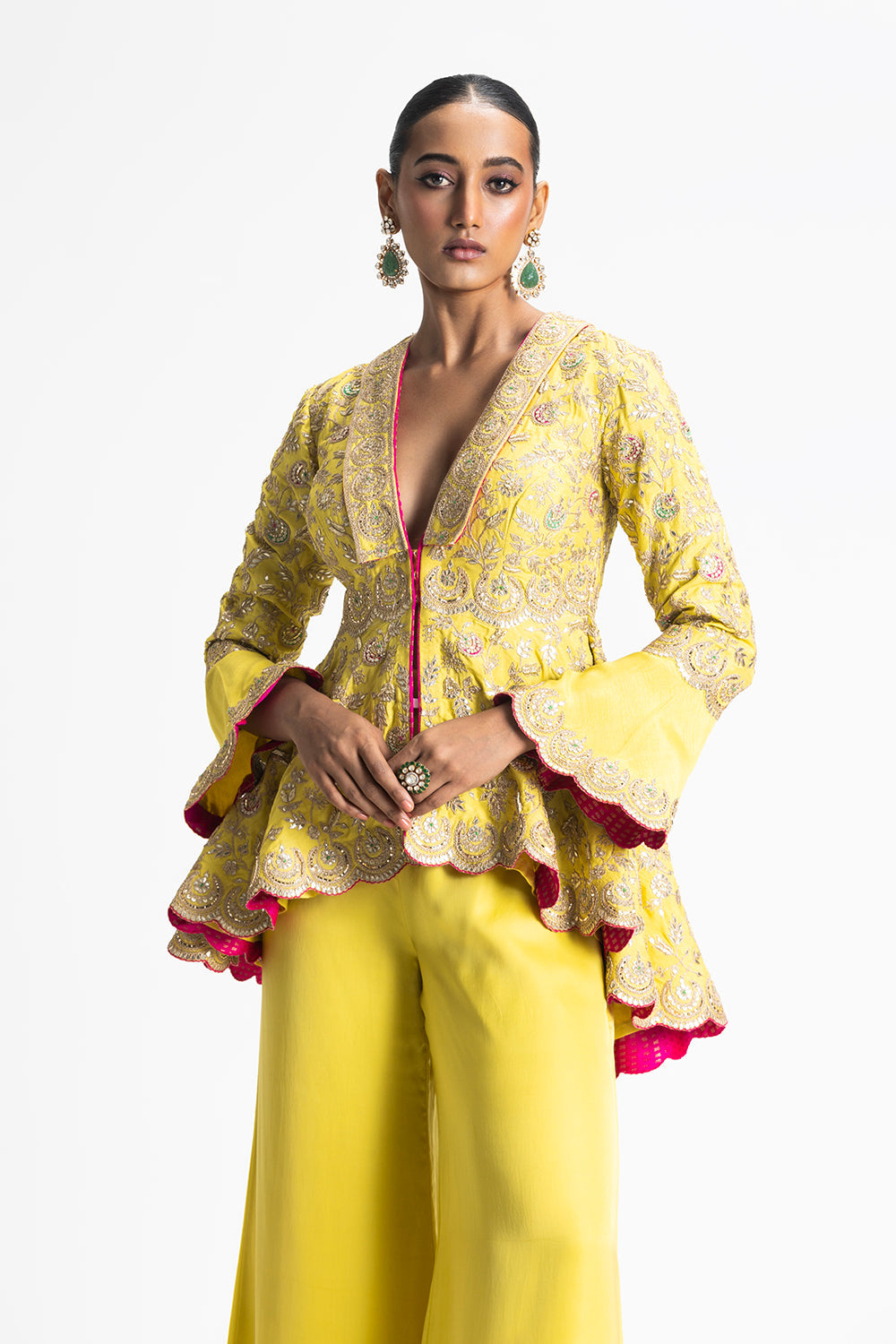 Mehndi Yellow Gota Worked Jacket With Satin Trouser