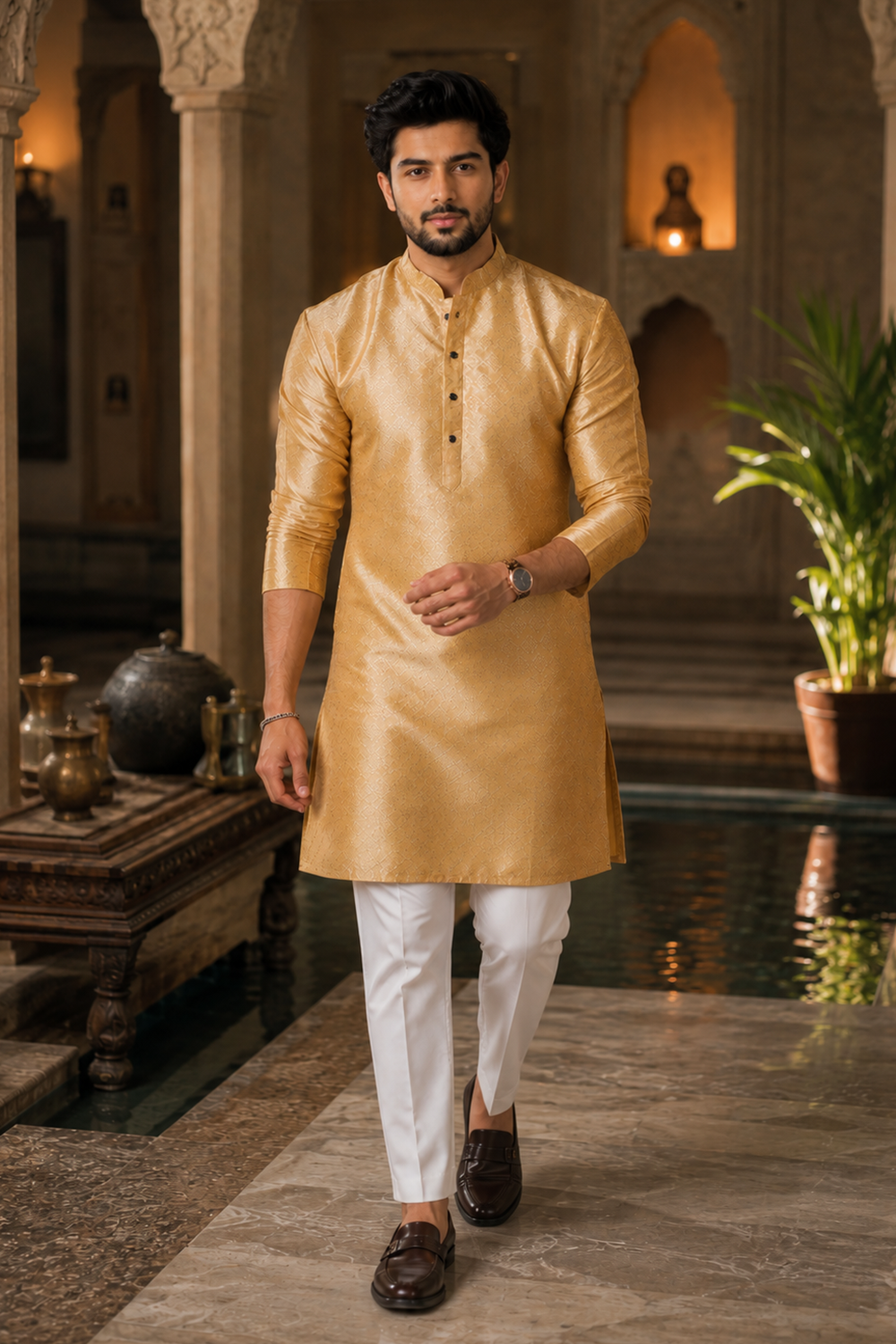 Men's Beige Art Silk Kurta Set