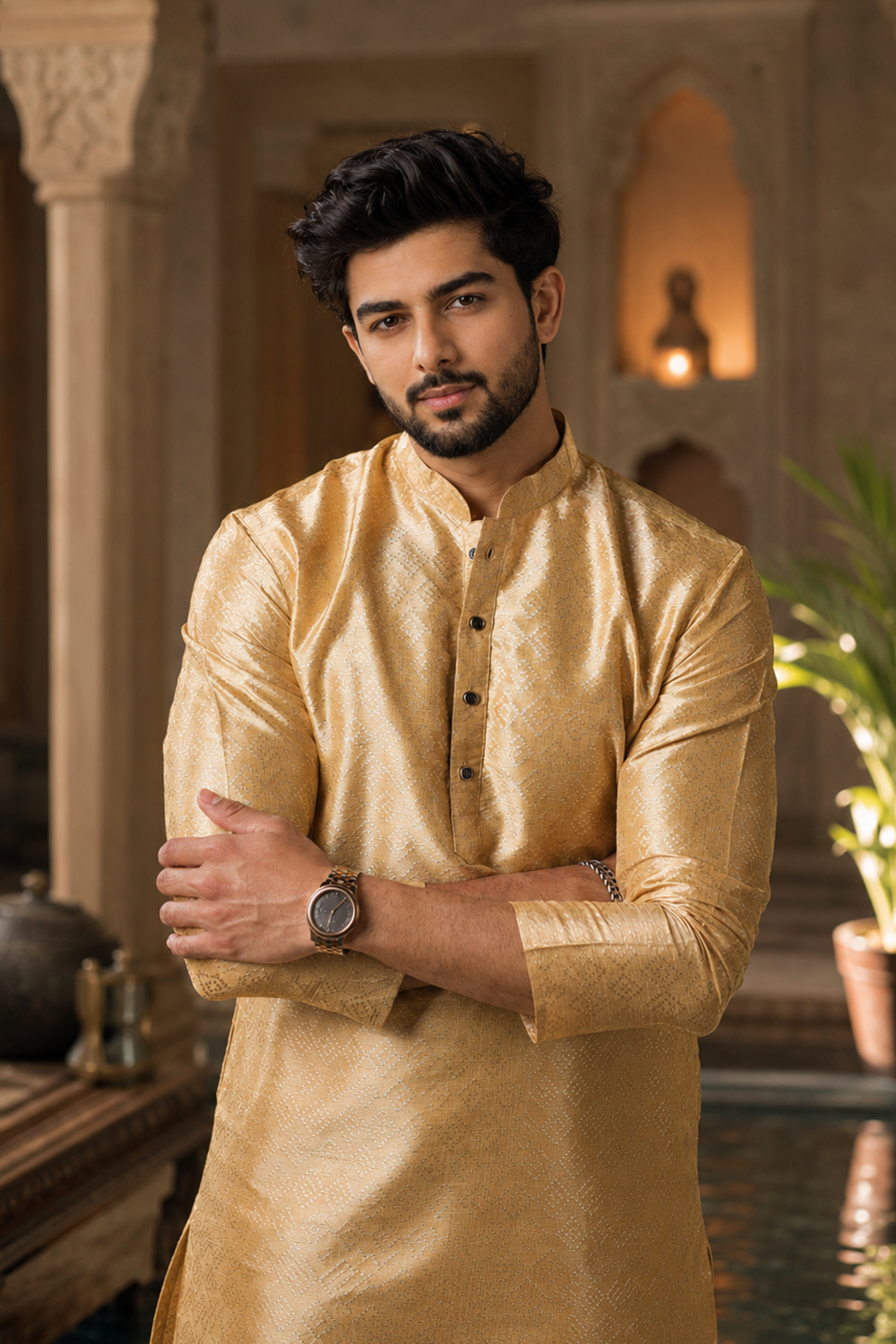 Men's Beige Art Silk Kurta Set