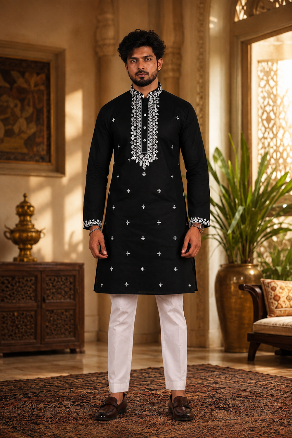 Men's Black Cotton Kurta Set