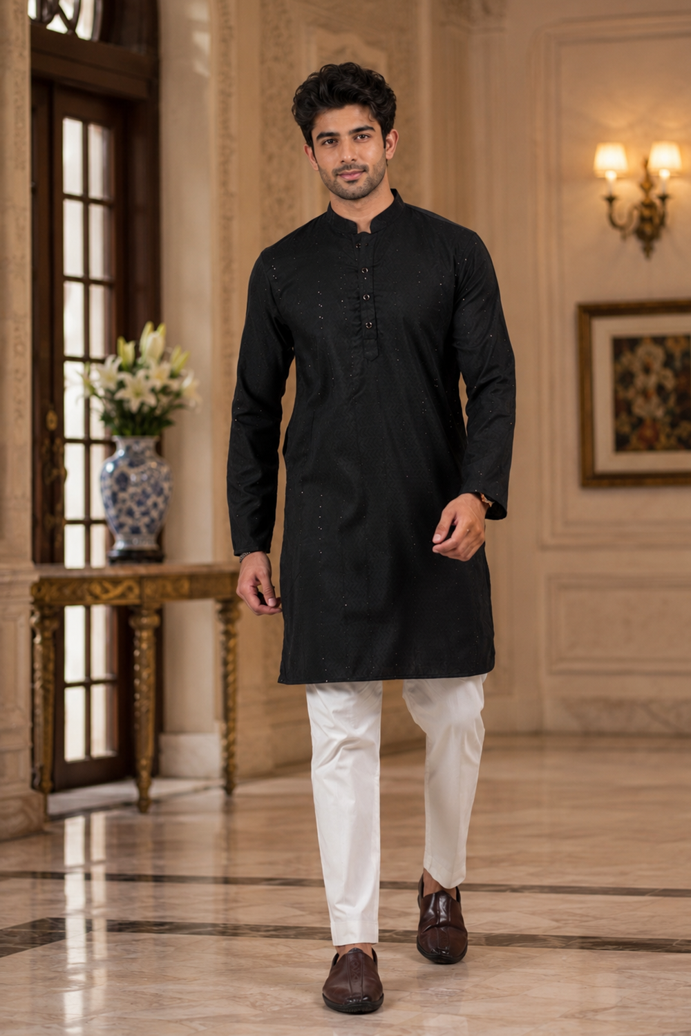 Men's Black Cotton Kurta Set