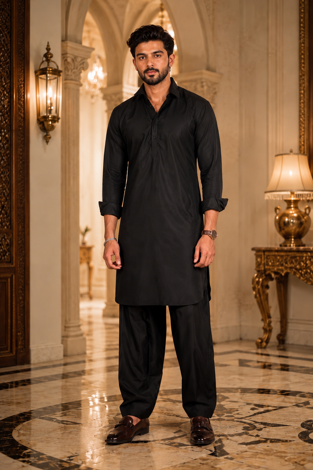 Men's Black Cotton Satin Kurta Set