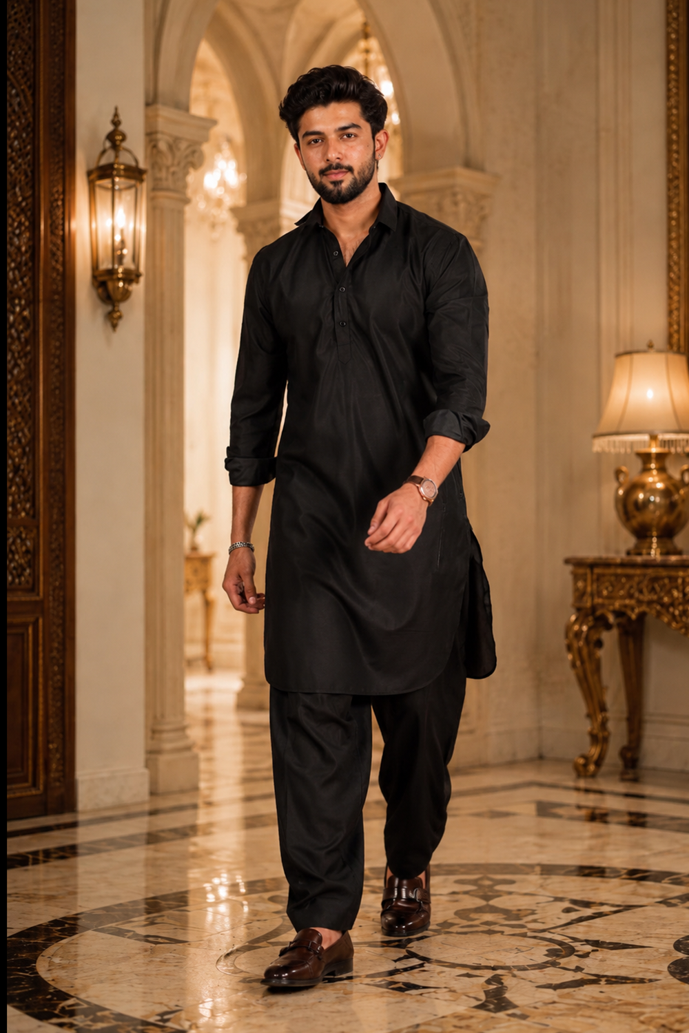 Men's Black Cotton Satin Kurta Set