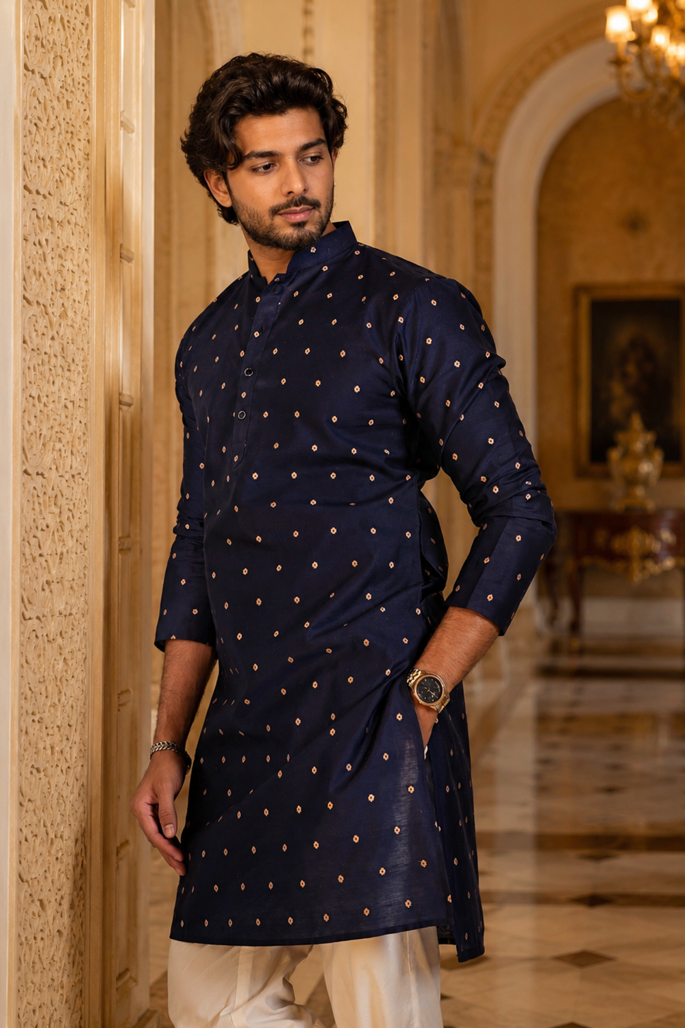Men's Blue Cotton Kurta Set