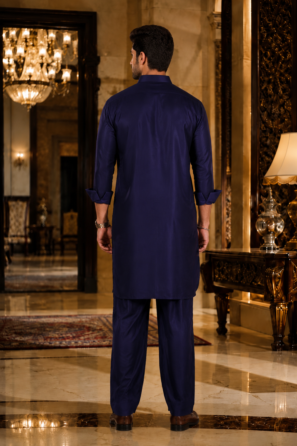 Men's Blue Cotton Satin Kurta Set