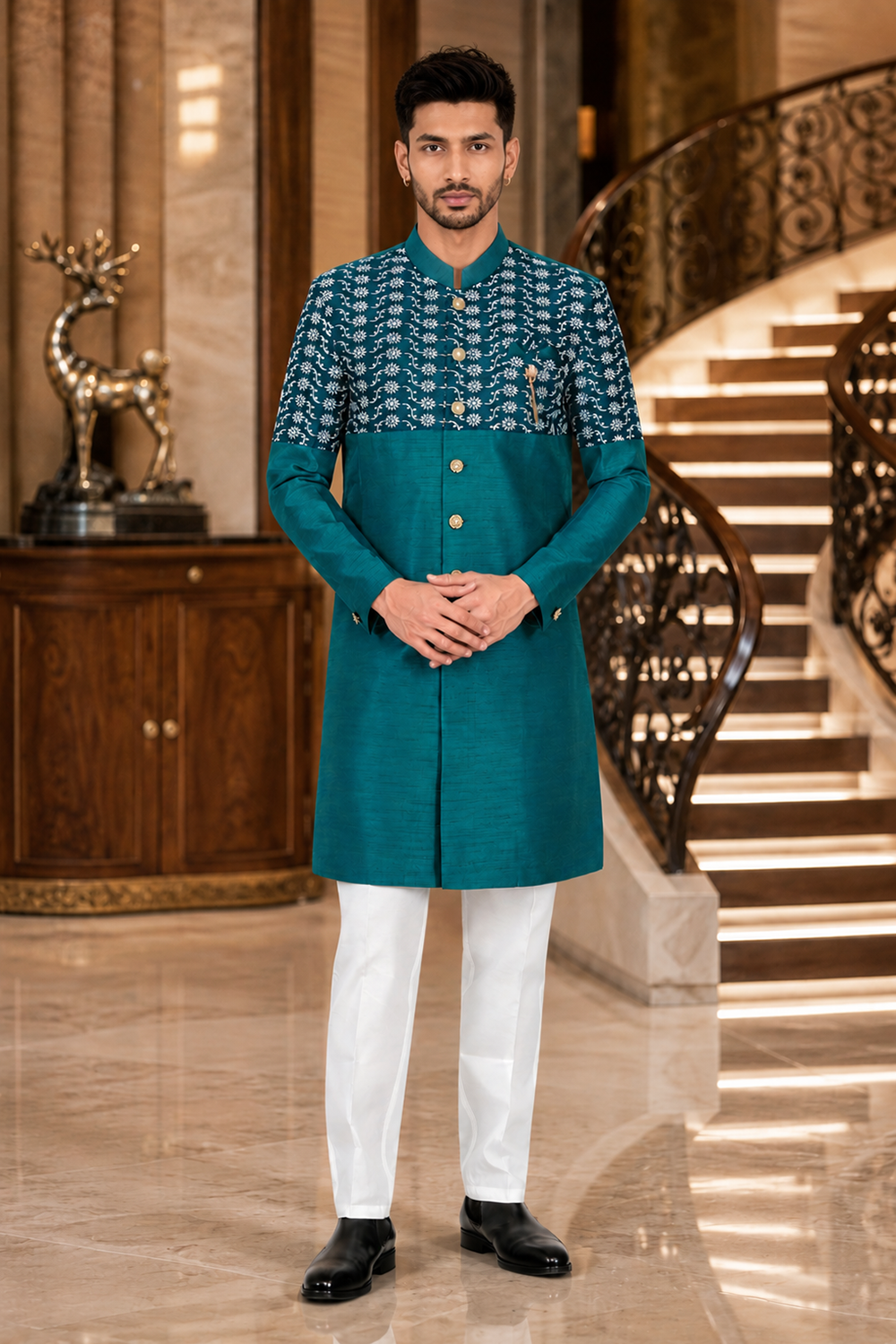 Men's Bluish Green Indo-Western