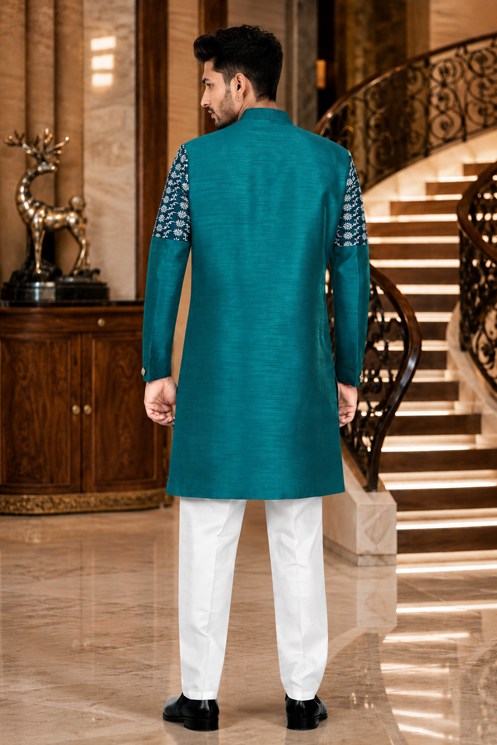 Men's Bluish Green Indo-Western