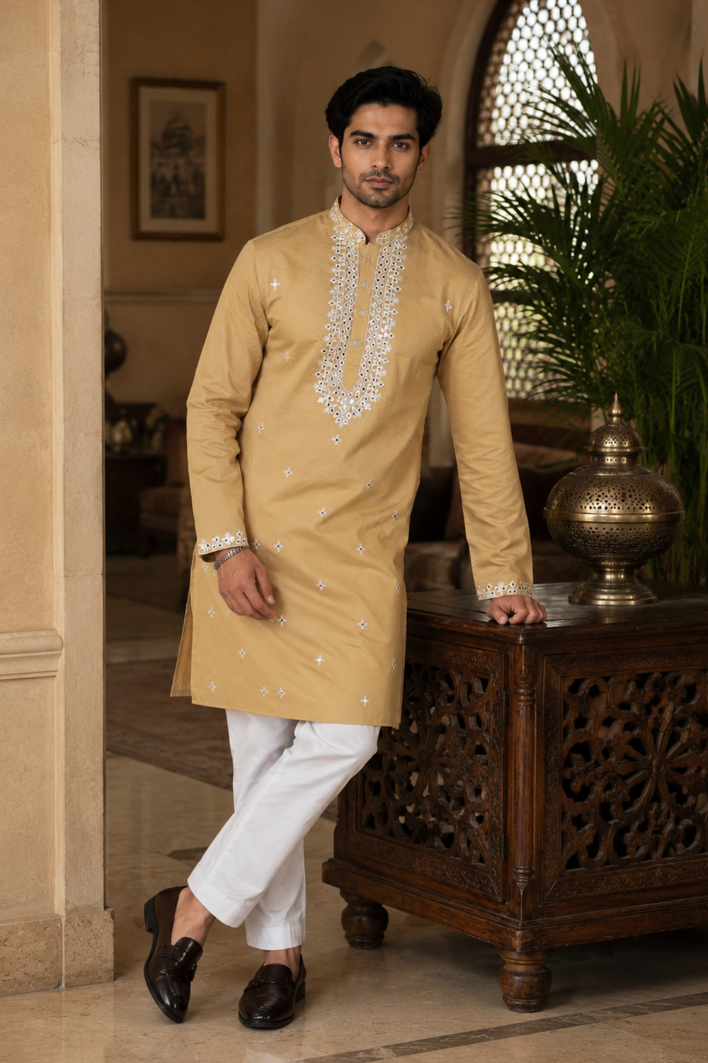 Men's Chiku Cotton Kurta Set