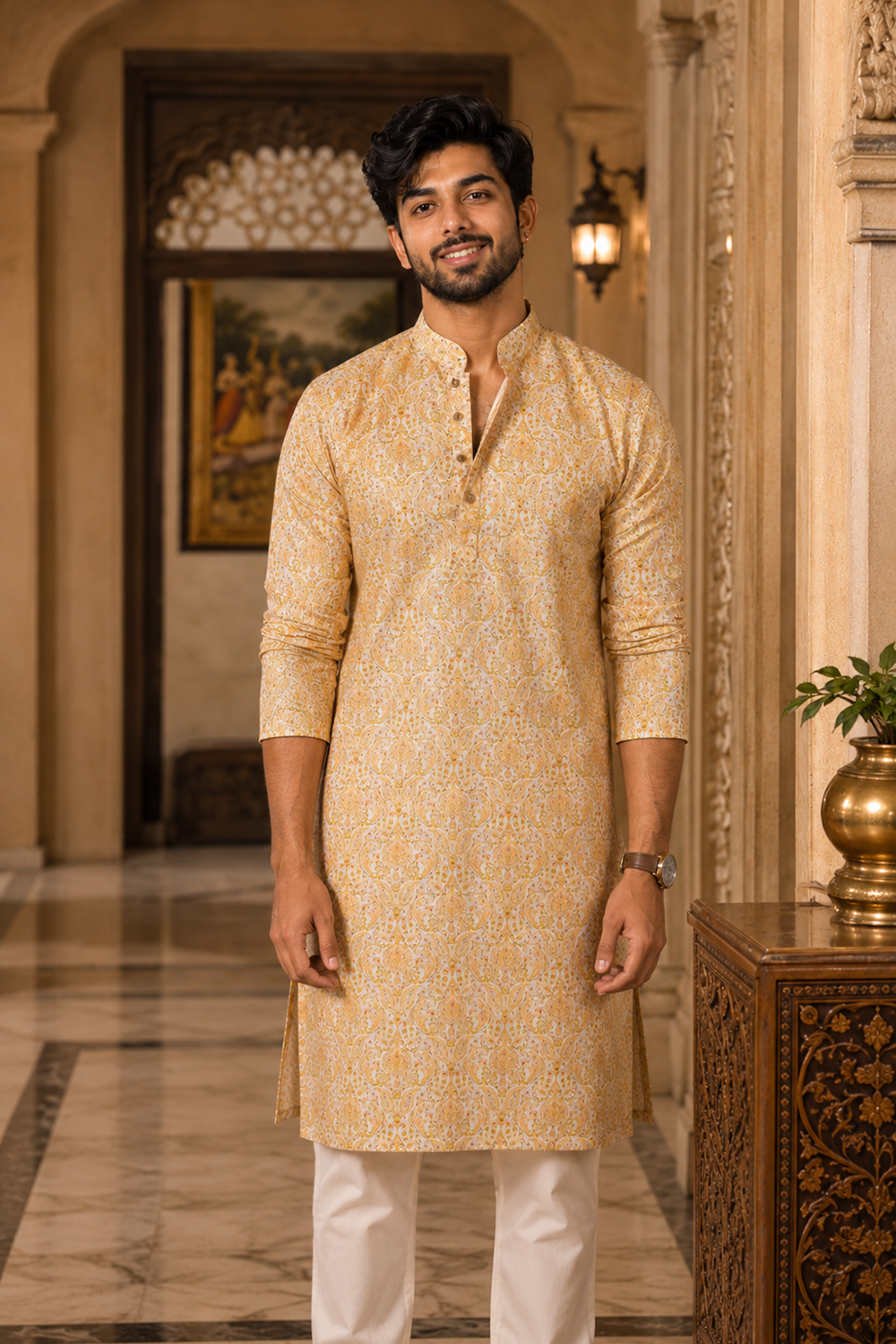 Men's Gold Cotton Kurta Set