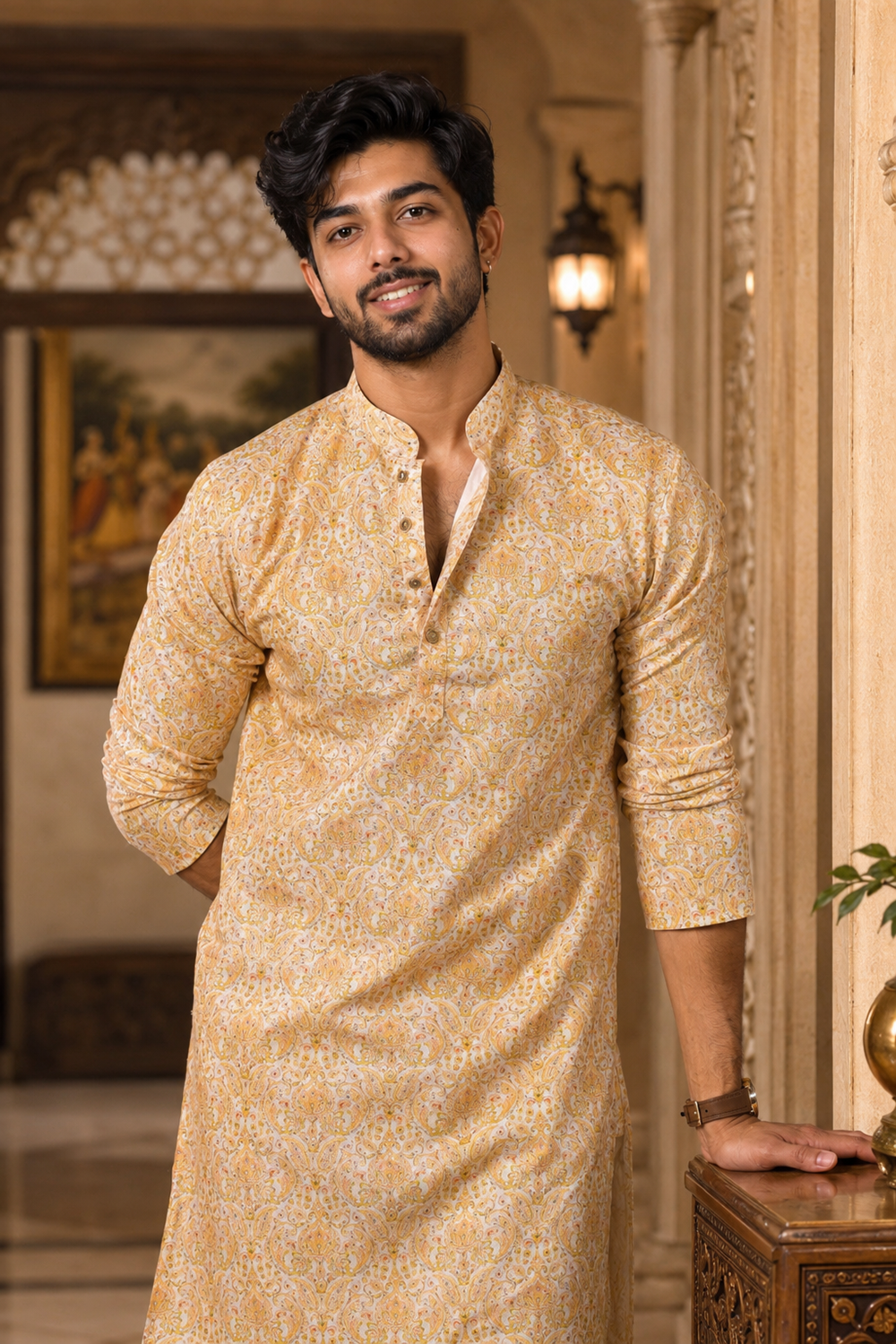 Men's Gold Cotton Kurta Set
