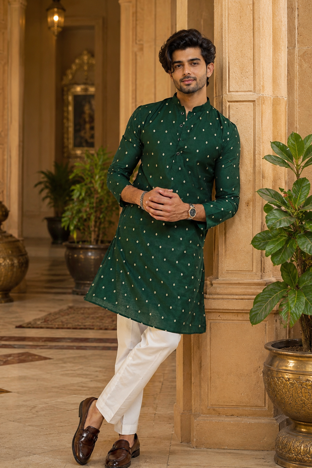 Men's Green Cotton Kurta Set
