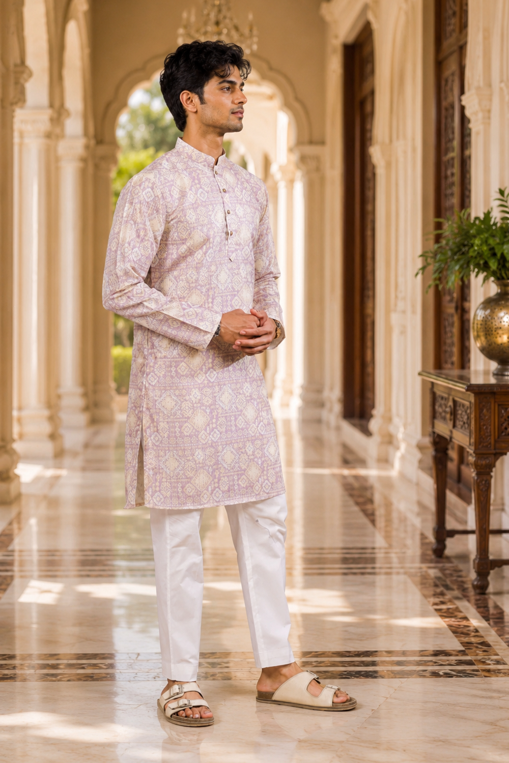 Men's Lavender Art Silk Kurta Set
