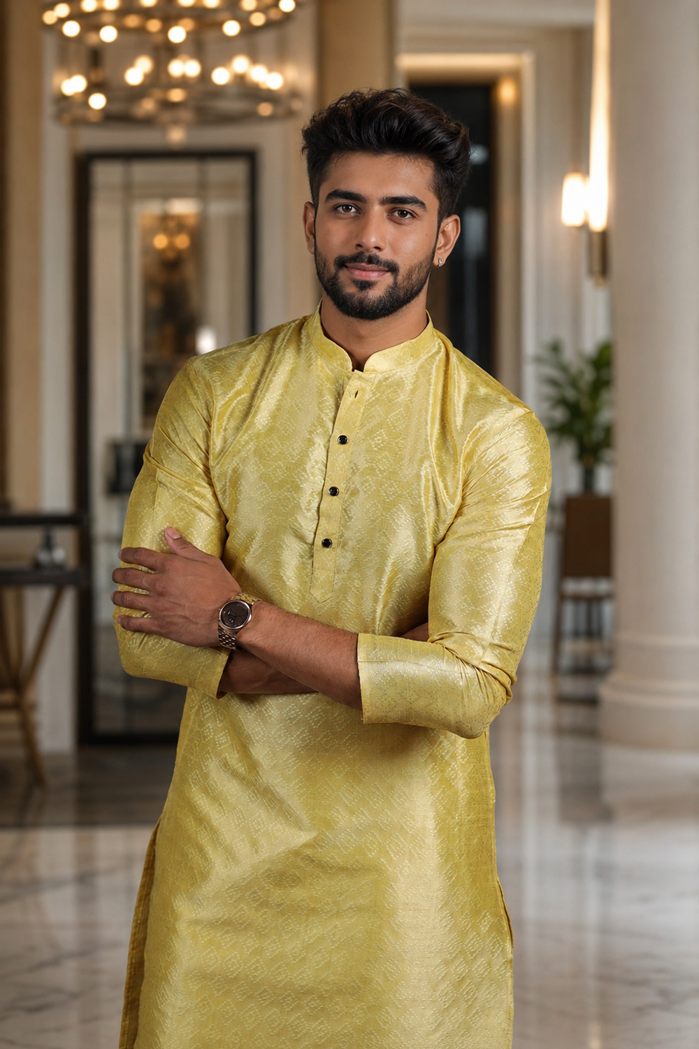 Men's Lemon Art Silk Kurta Set