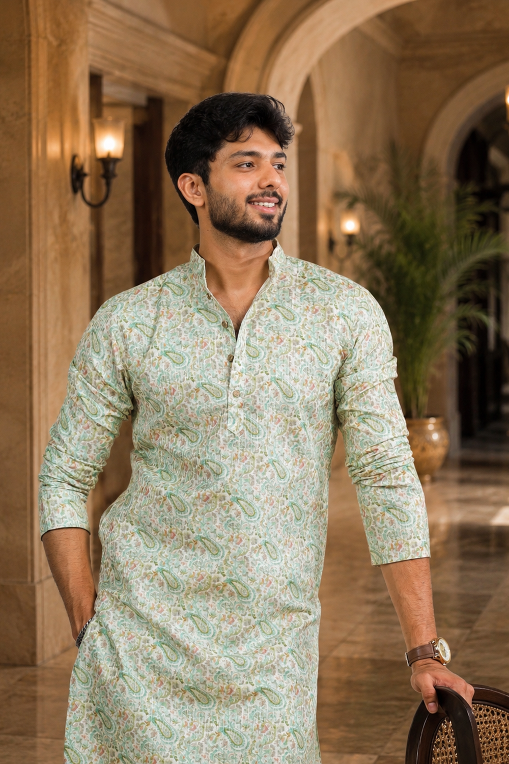Men's Light Green Art Silk Kurta Set