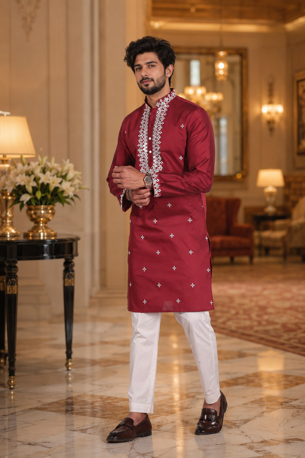 Men's Mahroon Cotton Kurta Set