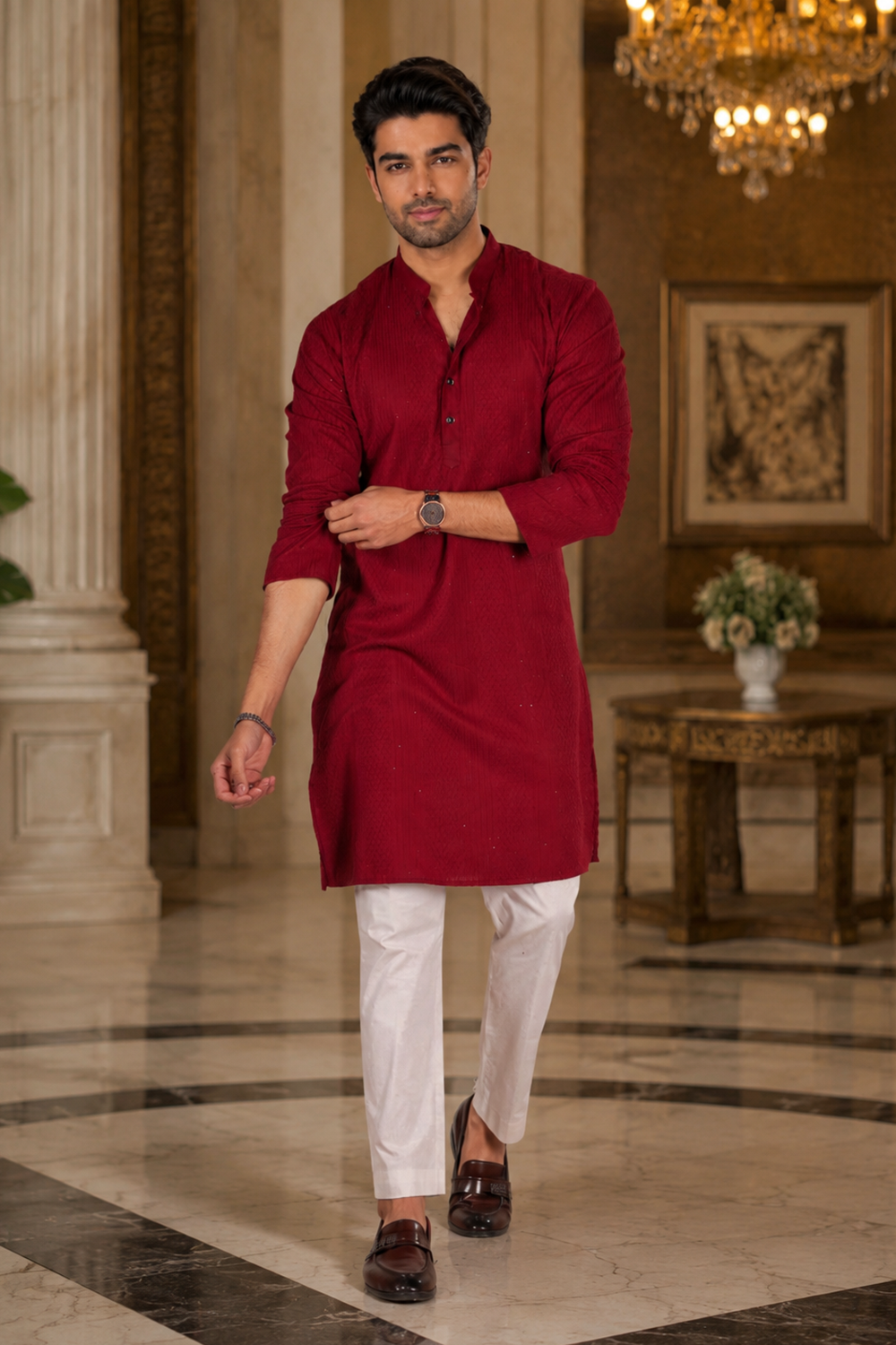 Men's Maroon Cotton Kurta Set