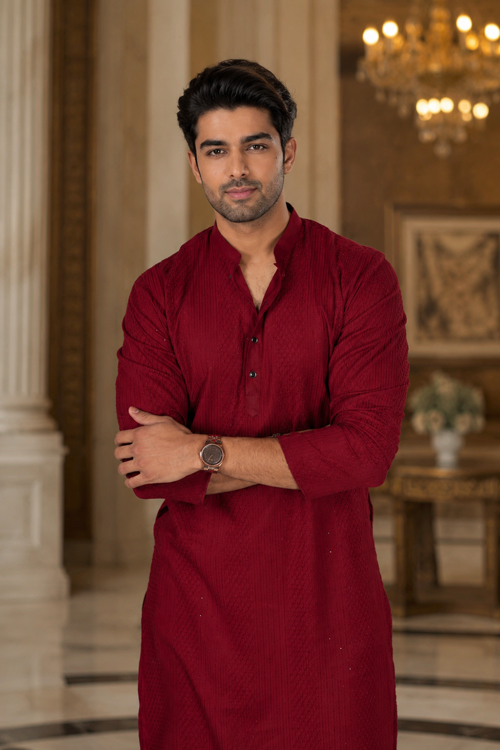 Men's Maroon Cotton Kurta Set
