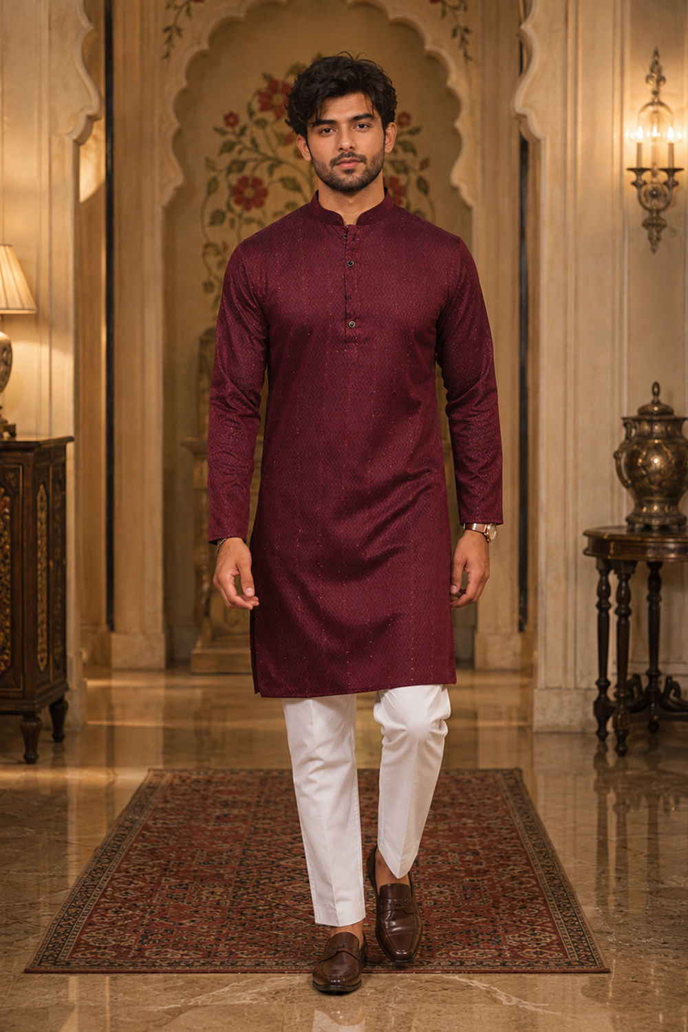 Men's Maroon Cotton Kurta Set