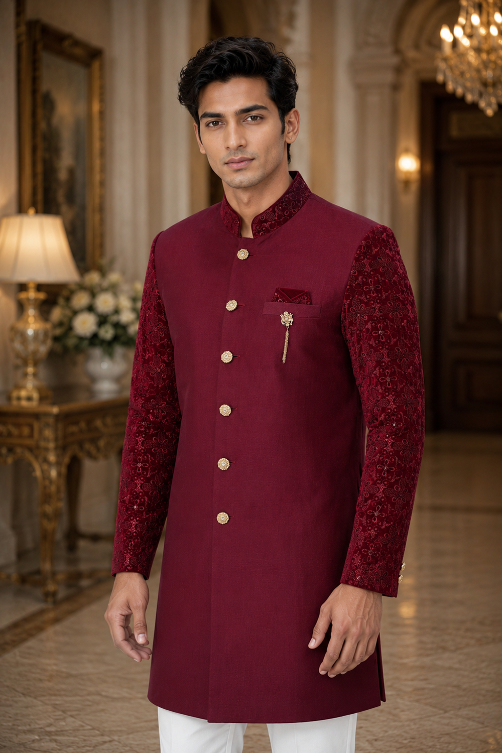 Men's Maroon Indo-Western